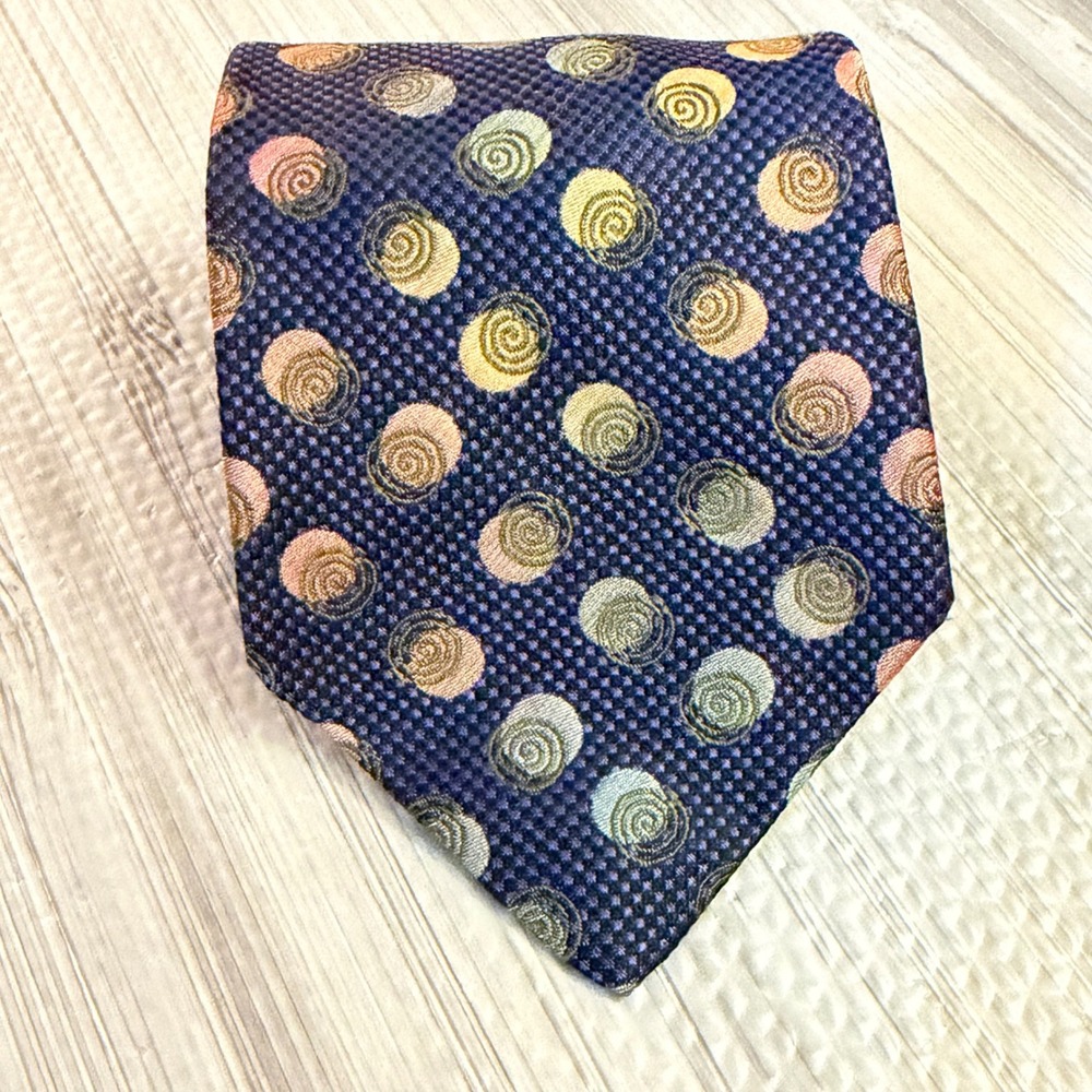 XMI Platinum Silk Tie Navy Blue Spiral Polka Dot Italian Fabric USA Made Luxury